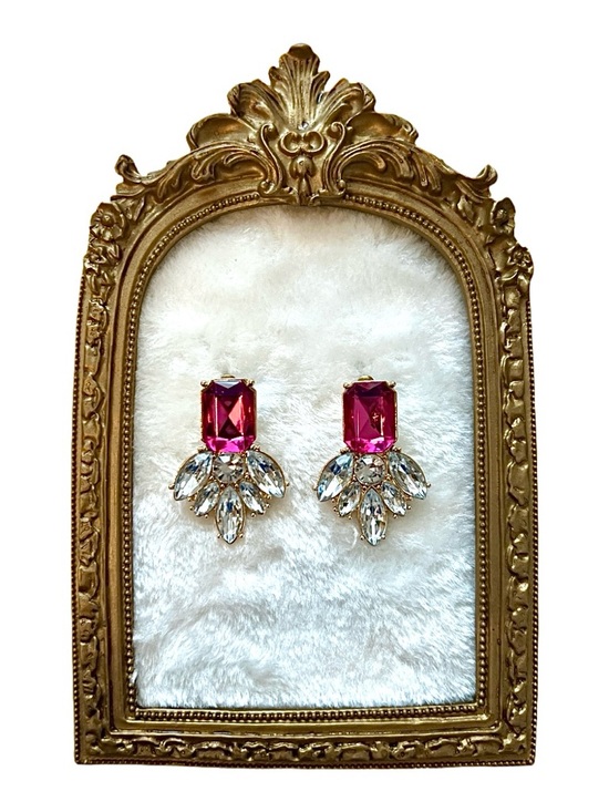 Jewelry - GORGEOUS Statement Pink/Fuchsia Crystal Earrings - Rhinestones/Gold-Tone Metal